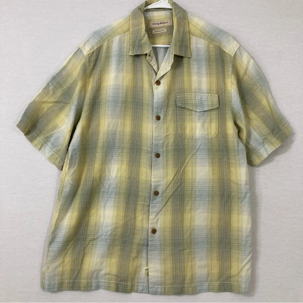 Tommy Bahama Original Fit Plaid‎ Silk Blend Short Sleeve Button Down Large